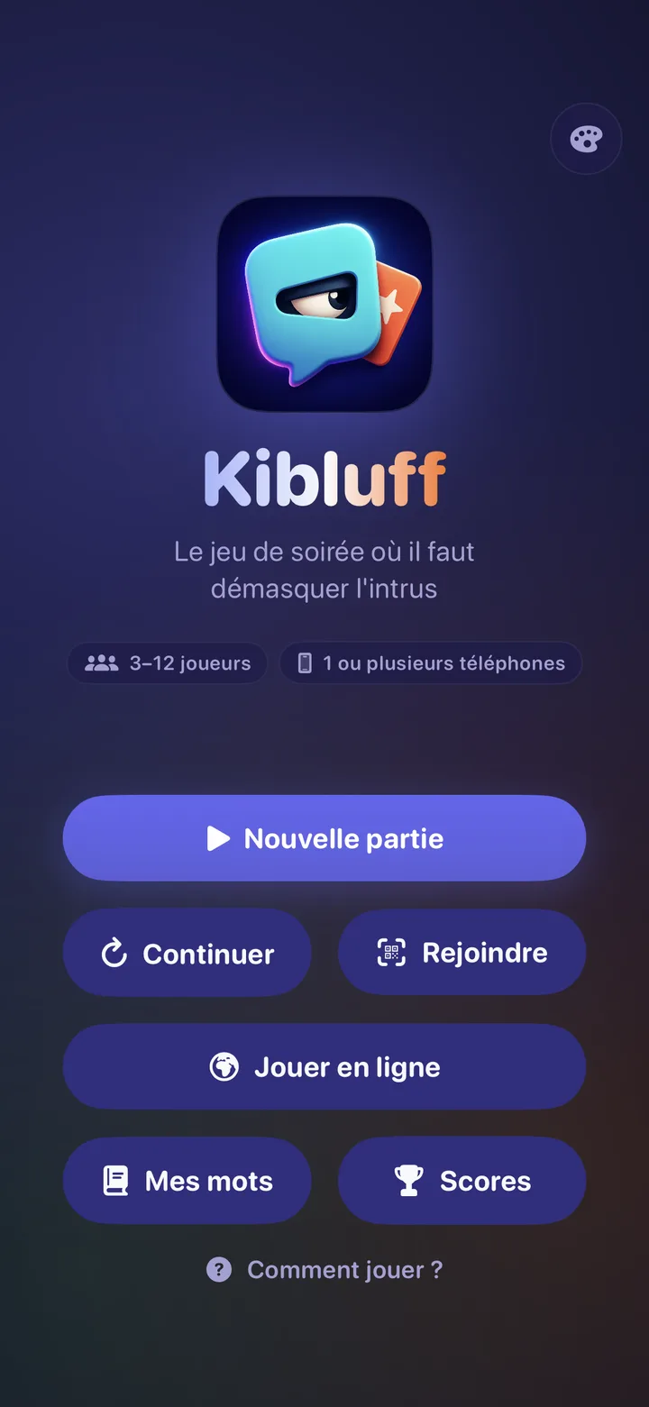 Écran d’accueil réel de Kibluff avec les actions Nouvelle partie, Rejoindre et Jouer en ligne