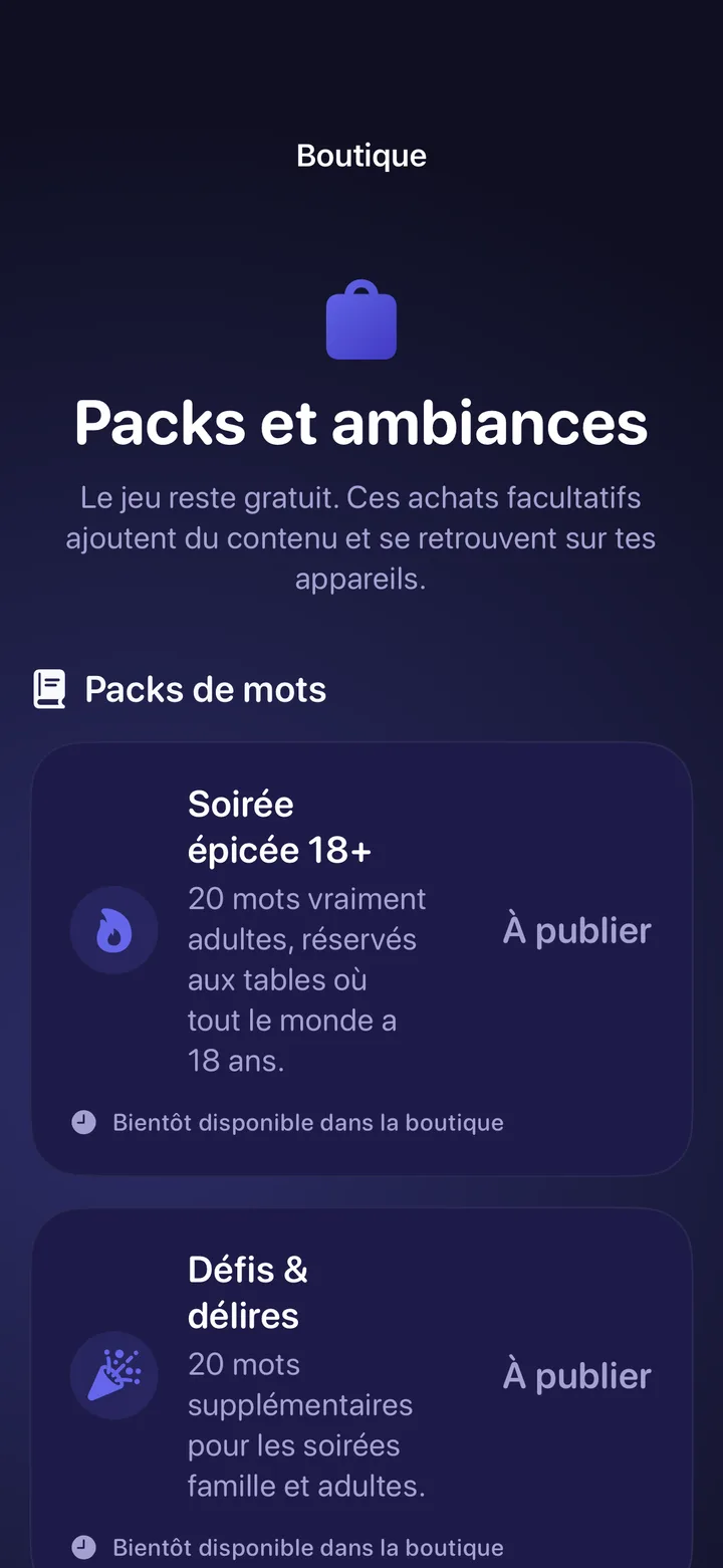 Boutique Kibluff avec les packs de mots et les ambiances